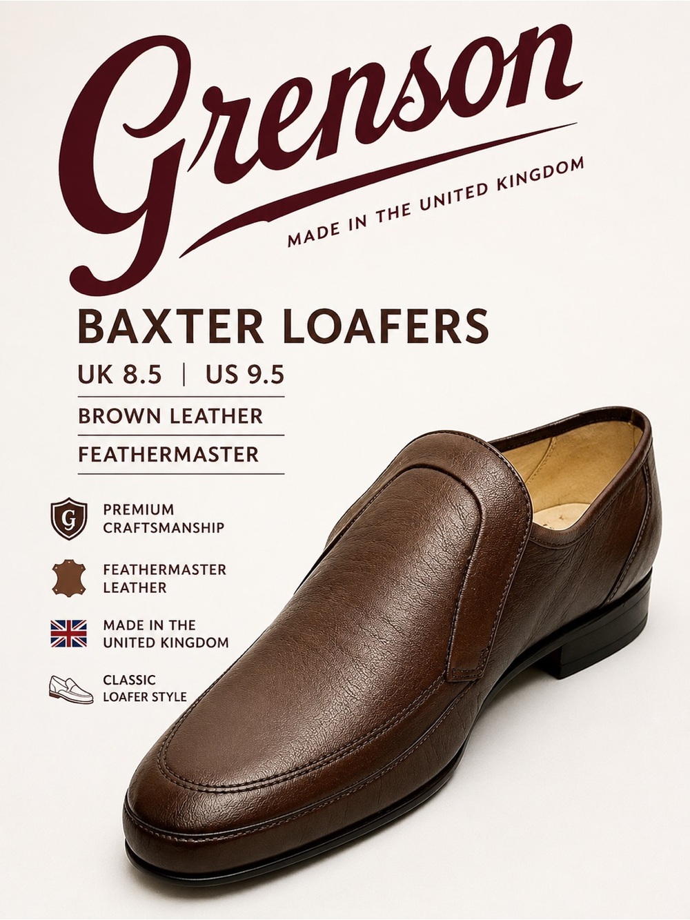 Grenson Baxter Mens Loafers Brown Leather Feathermaster UK 8.5 US 9.5 England